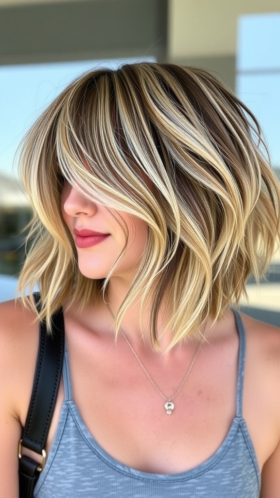 A beautiful woman with a layered bob hairstyle featuring beachy waves and highlights.