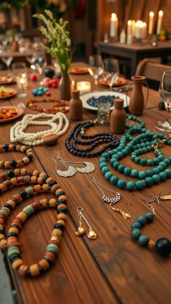 A variety of colorful beaded necklaces and earrings displayed on a wooden table with candlelight ambiance.