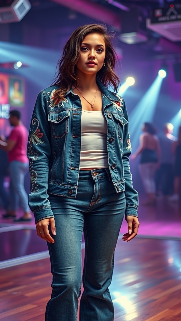 A woman in a bedazzled denim jacket and jeans, standing confidently in a club setting.