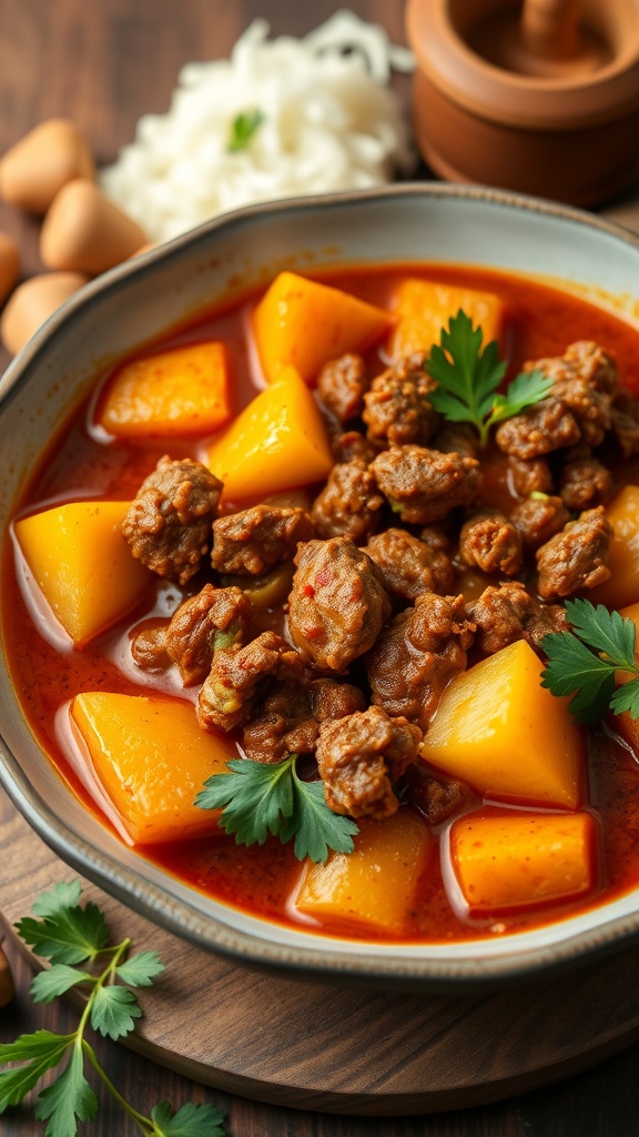 A hearty bowl of Beef and Potato Curry with tender beef, potatoes, and spices.