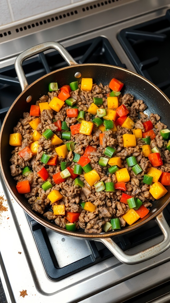 A skillet filled with ground beef and colorful vegetables, showcasing a healthy dinner option.