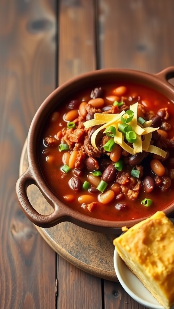 A steaming bowl of beef chili with beans topped with cheese and green onions, served with a piece of cornbread.