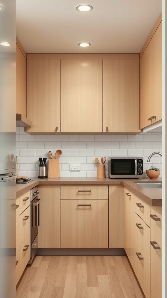 Small kitchen with beige cabinets, light wood flooring, and minimal decor.