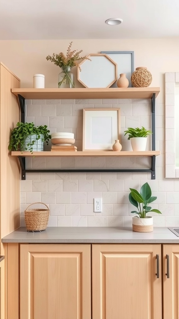A kitchen featuring beige cabinets and open shelving with decorative items and plants