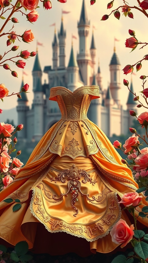 A golden evening dress inspired by Belle from Disney, displayed with a castle and roses in the background.