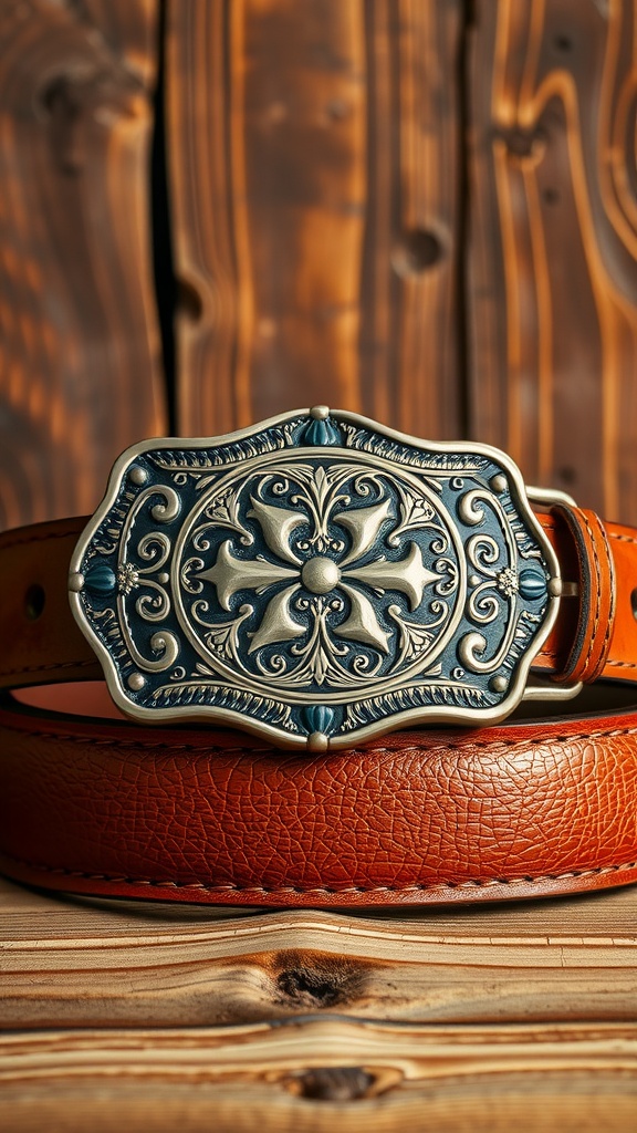 A close-up of a decorative belt buckle on a leather belt, set against a wooden background