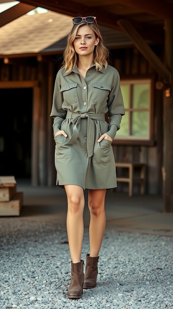 A woman wearing a belted utility dress in green with ankle boots, standing in front of a rustic setting.