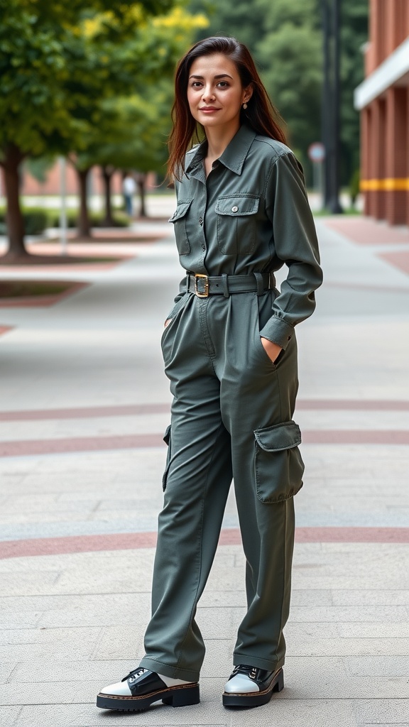 A model in a green belted utility jumpsuit, standing outdoors with trees in the background.