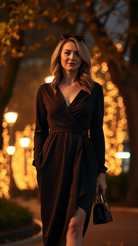 Woman in a black belted wrap dress standing in a softly lit outdoor setting