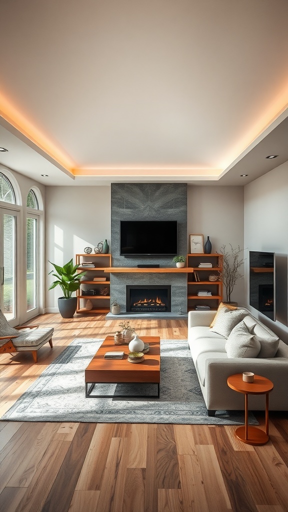 A stylish sunken living room with modern furniture, natural light, and a cozy atmosphere.