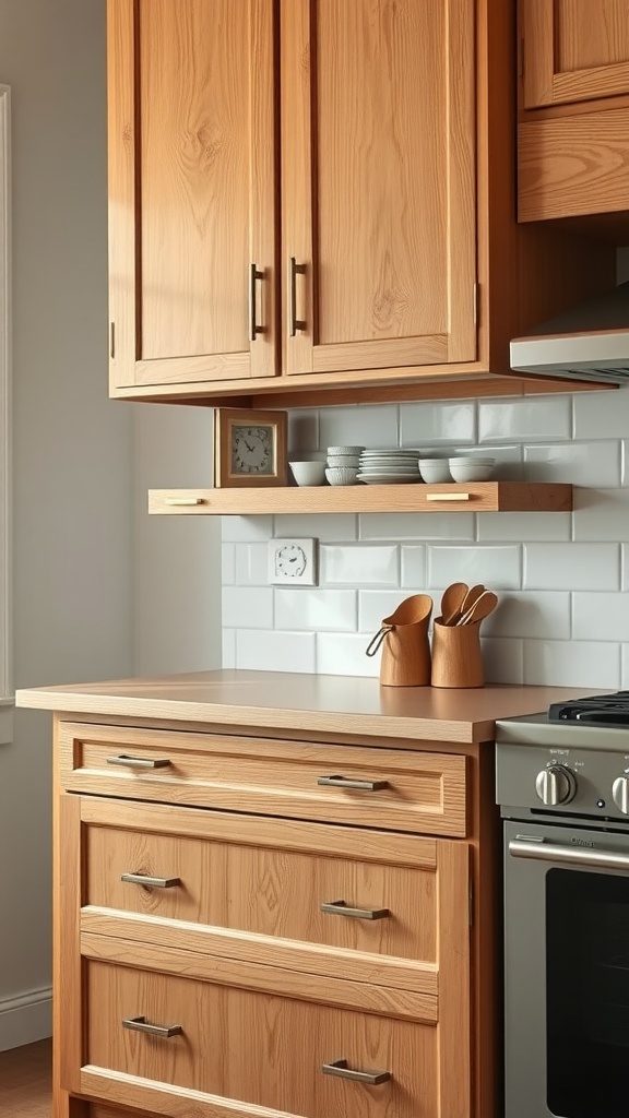 Image of solid wood kitchen cabinets showcasing a warm, natural wood finish with a modern design.