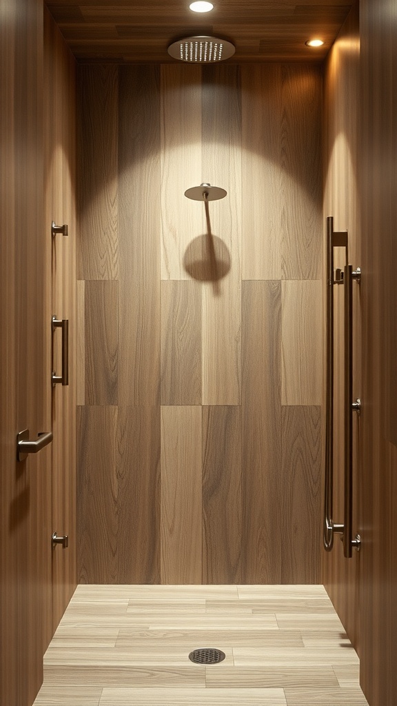 A modern shower with wood look tile walls and a sleek shower head