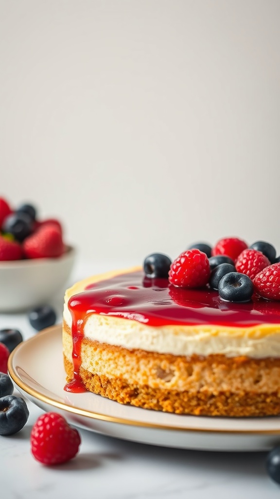 A delicious berry-burst cheesecake with a graham cracker crust topped with fresh berries and berry sauce.