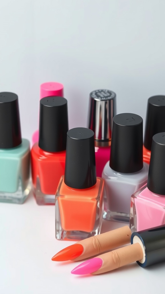 A collection of colorful nail polishes with two almond-shaped nail tips in the foreground.