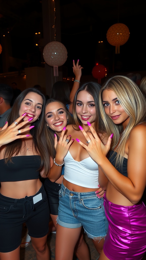 Group of friends showcasing their hot pink chrome nails at a lively party.