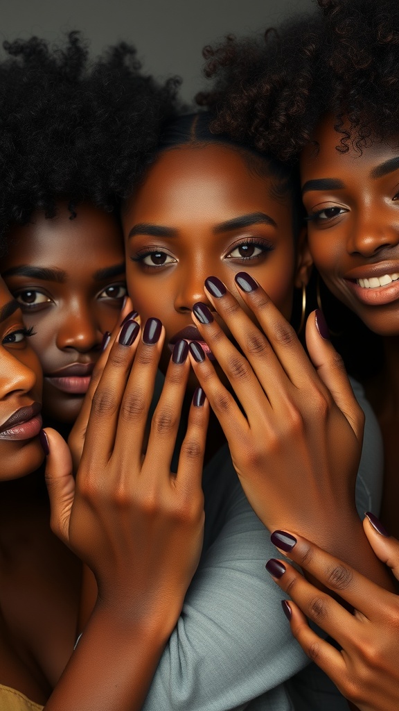 A group of friends showcasing black almond nails, highlighting different skin tones.