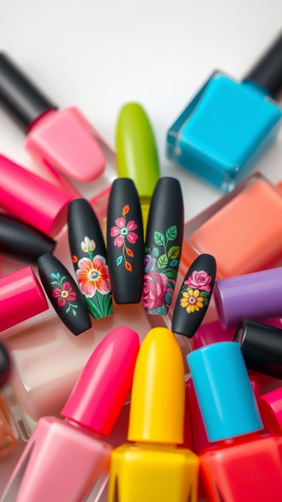 Black almond nails with colorful floral nail art surrounded by various nail polish bottles