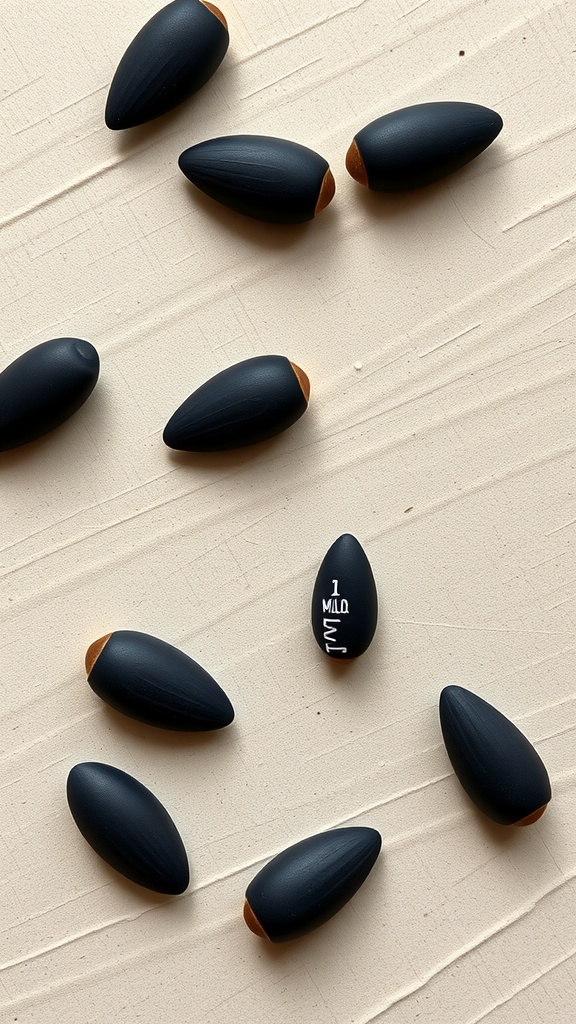 A collection of black almond-shaped nails with a matte finish and negative space design.