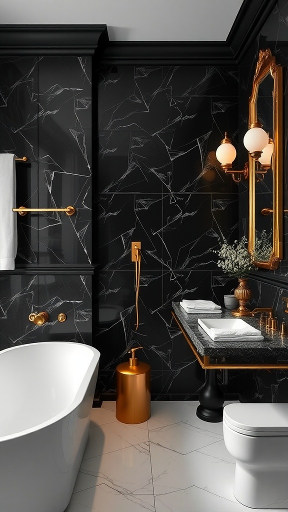Stylish bathroom with black fixtures and gold accents, featuring a free-standing tub and elegant decor.