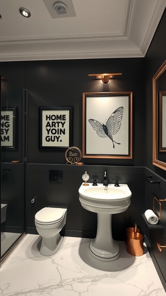 A modern bathroom featuring black and gold artwork, including a butterfly illustration and a graphic print.
