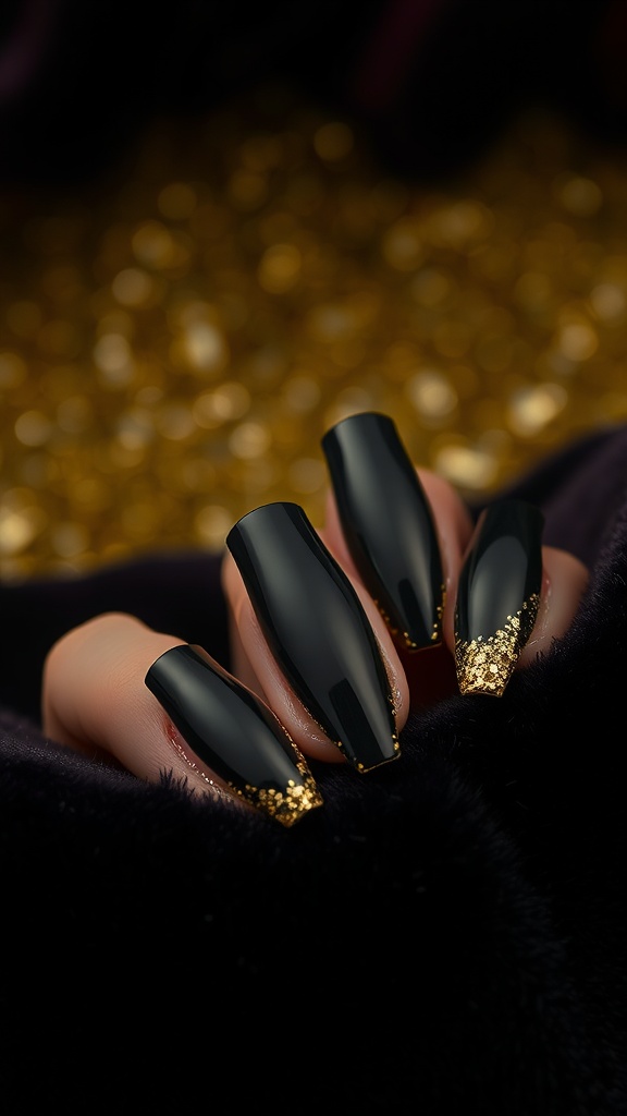 Black coffin-shaped nails with a gold ombre effect