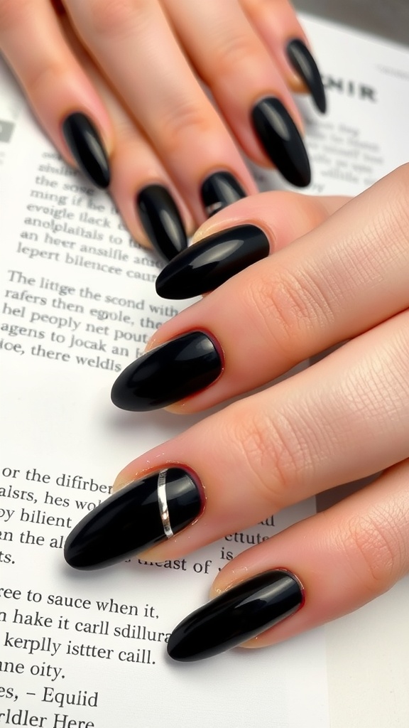 Black nails with silver stripes