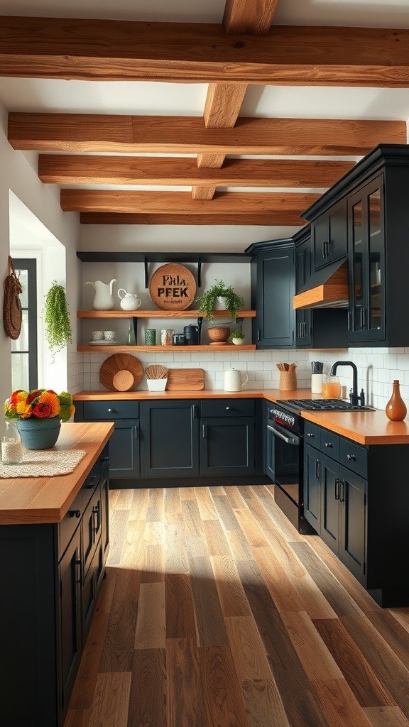 A rustic kitchen with black cabinets, wooden beams, and warm wooden countertops.