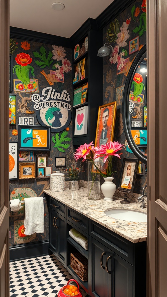 A colorful bathroom with black cabinets, vibrant wallpaper, and various artwork.