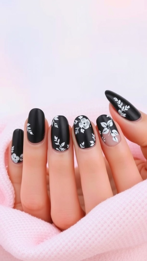 A set of black acrylic nails with white floral designs on a light background.