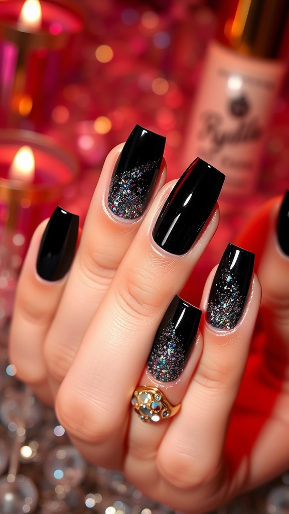 Stylish black nail design with a glitter fade, featuring coffin shapes and a gold ring.