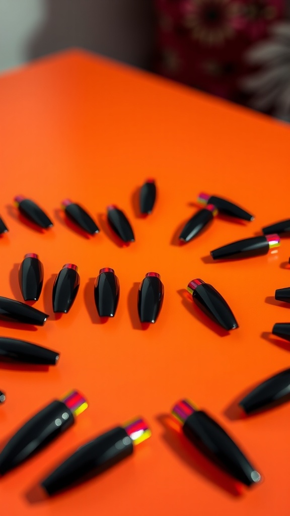 Coffin-shaped black nails with neon accents arranged in a circle on an orange background