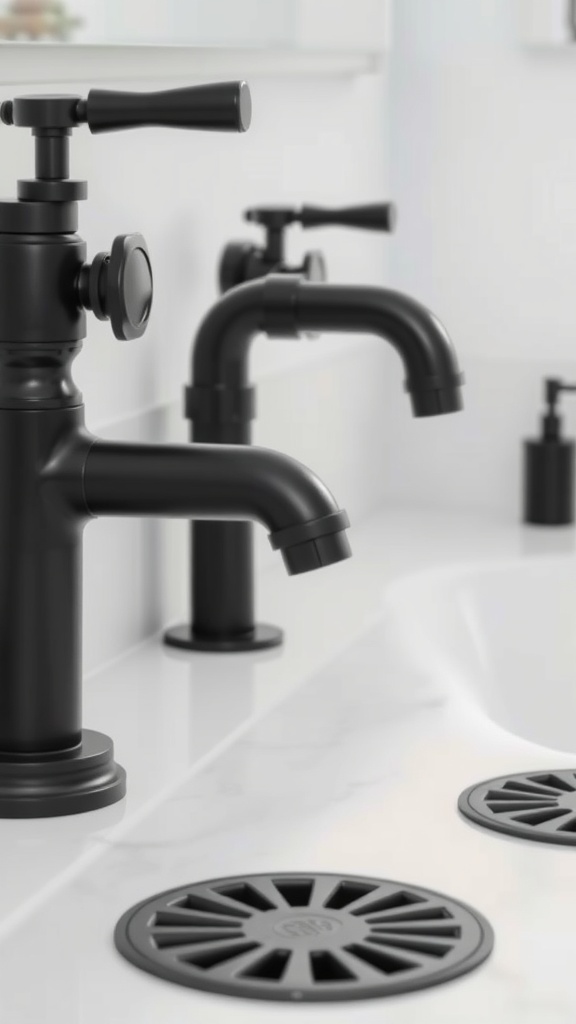 A close-up of stylish black plumbing fixtures in a modern bathroom, featuring black taps and drain covers on a white countertop.