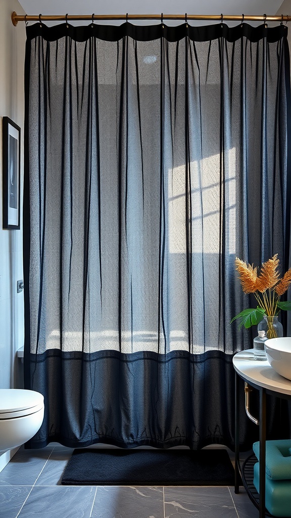 A beautiful black shower curtain in a modern bathroom setting.
