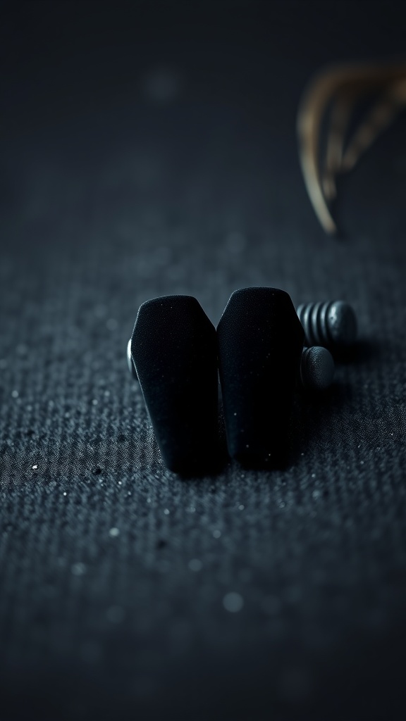 Close-up of black coffin nails with a velvet finish, showcasing their unique texture against a dark background.