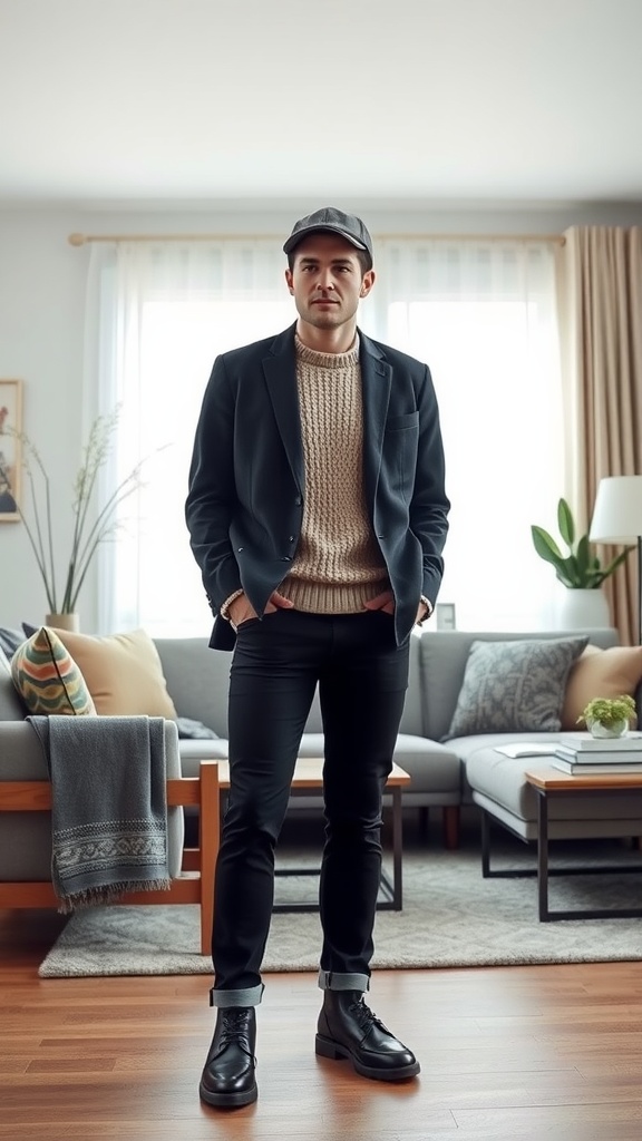 A man wearing a dark blazer over a knitted sweater, standing confidently in a cozy living room.