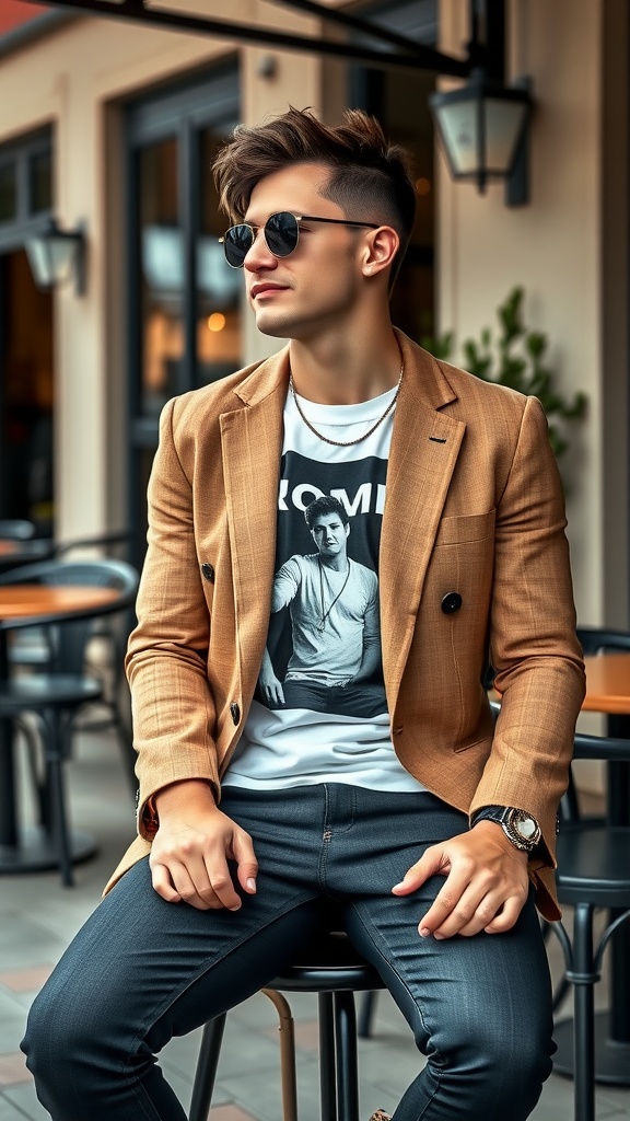 A stylish individual wearing a light brown blazer over a graphic tee, sitting casually with sunglasses on.