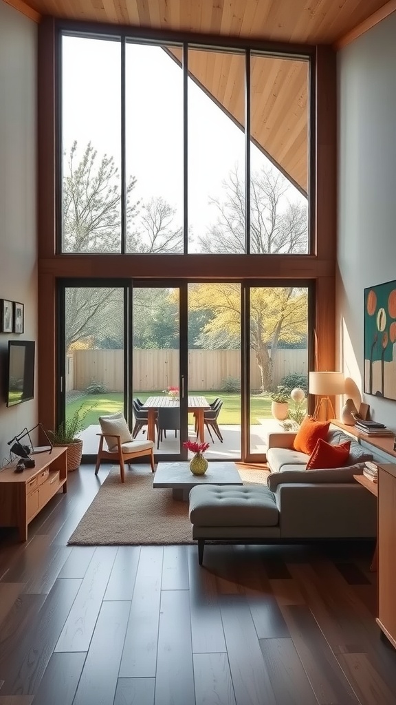Mid-century modern living room with large windows, wooden ceiling, and a cozy seating area, blending indoor and outdoor elements.