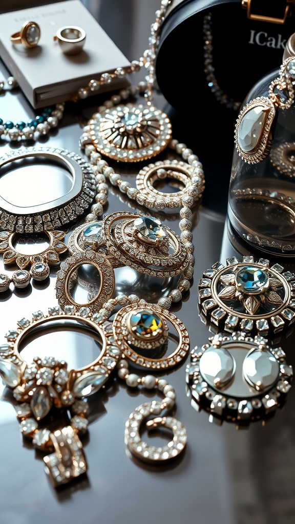 An assortment of blinged-out jewelry including necklaces and rings, showcasing the chunky style popular in early 2000s club outfits.