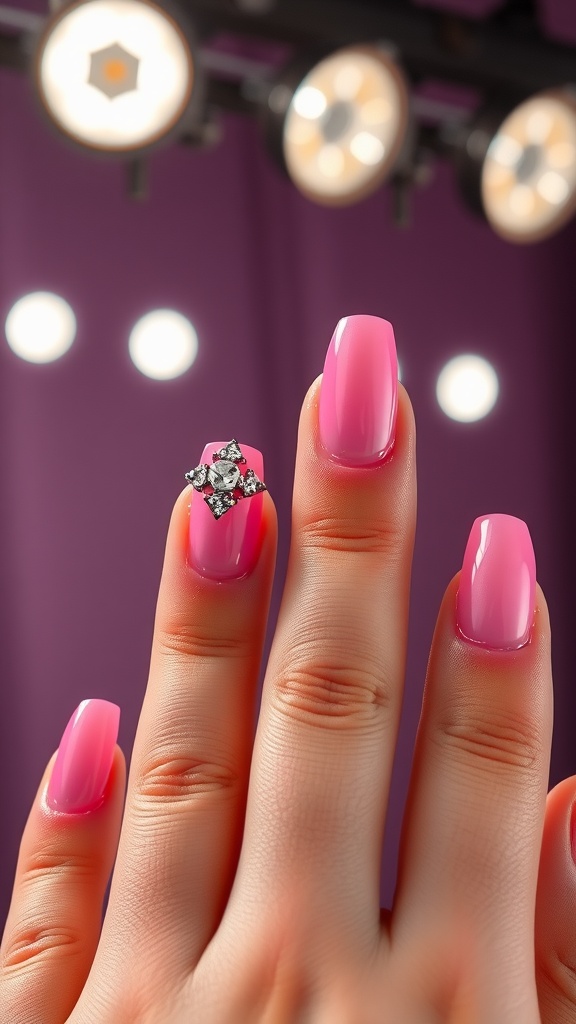 Close-up of pink chrome French tip nails with a bling accent