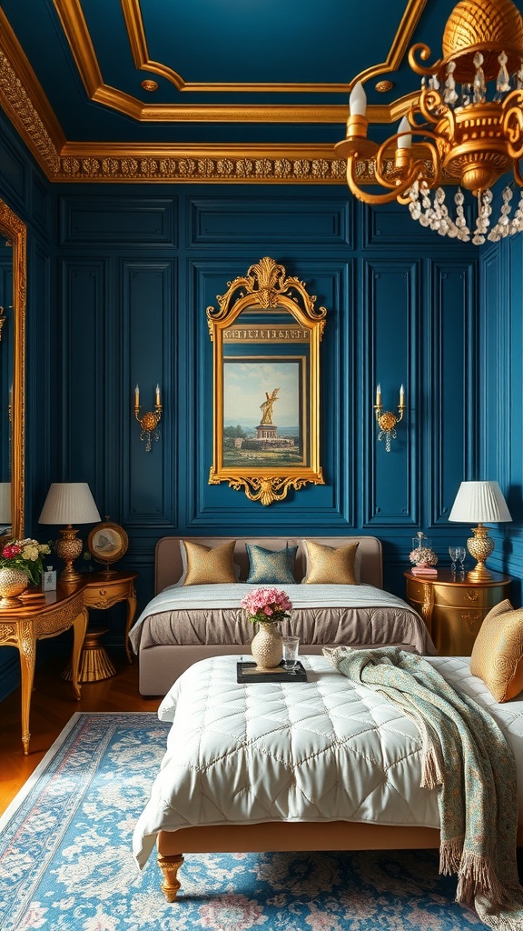 A luxurious blue and gold bedroom featuring ornate decor, elegant furniture, and a cozy atmosphere.