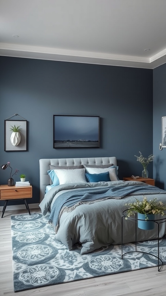 A modern blue and gray bedroom featuring a deep blue wall, light gray bedding, and stylish decor.