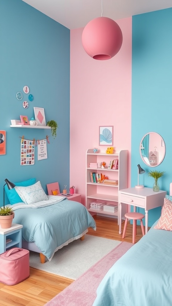 A playful blue and pink bedroom with two beds, colorful decor, and a cheerful atmosphere.