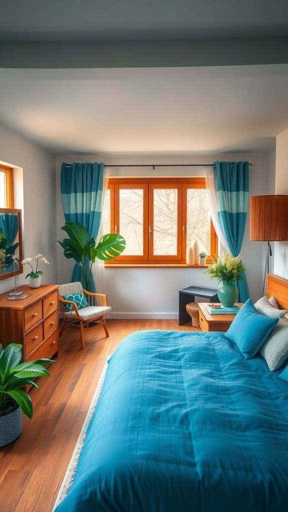 A cozy blue bedroom featuring wooden furniture and indoor plants.