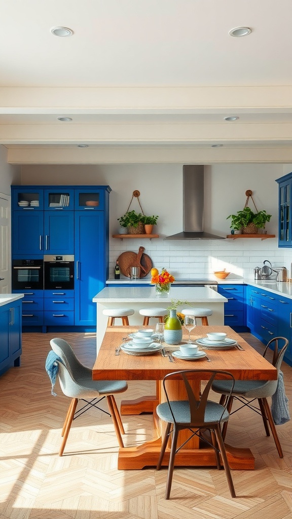 A bright kitchen featuring blue cabinets, a wooden dining table, and plants