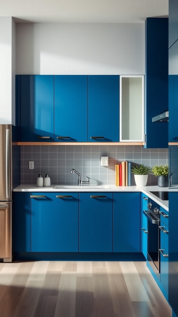 Modern kitchen featuring blue cabinets with a sleek design and contrasting countertops.