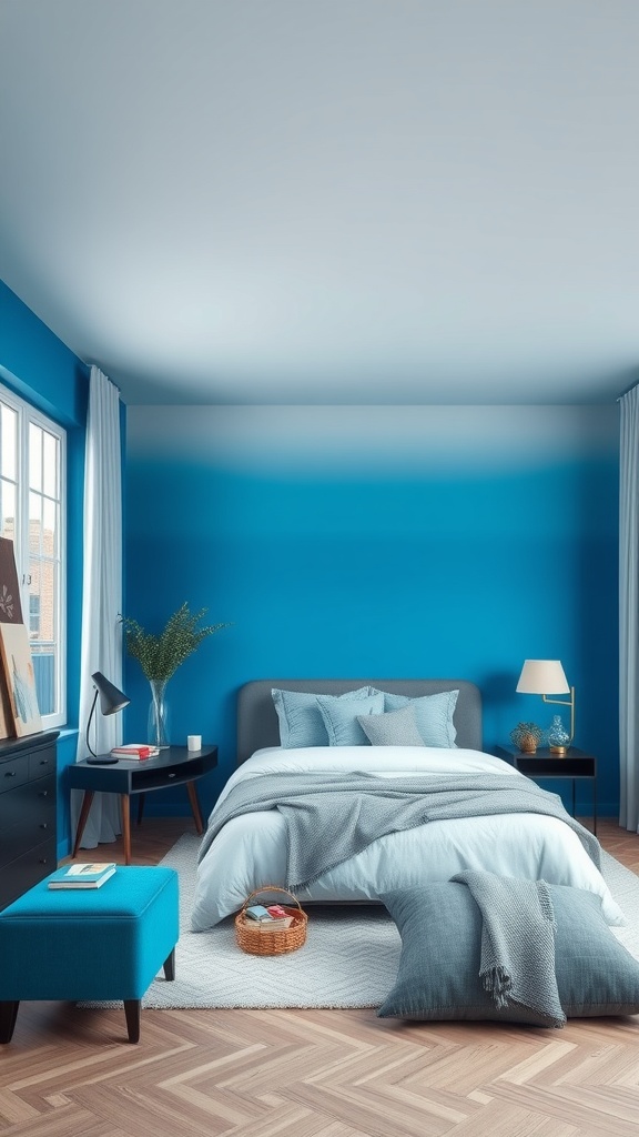 A cozy bedroom featuring blue ombre walls, a comfortable bed with light bedding, and stylish furniture.