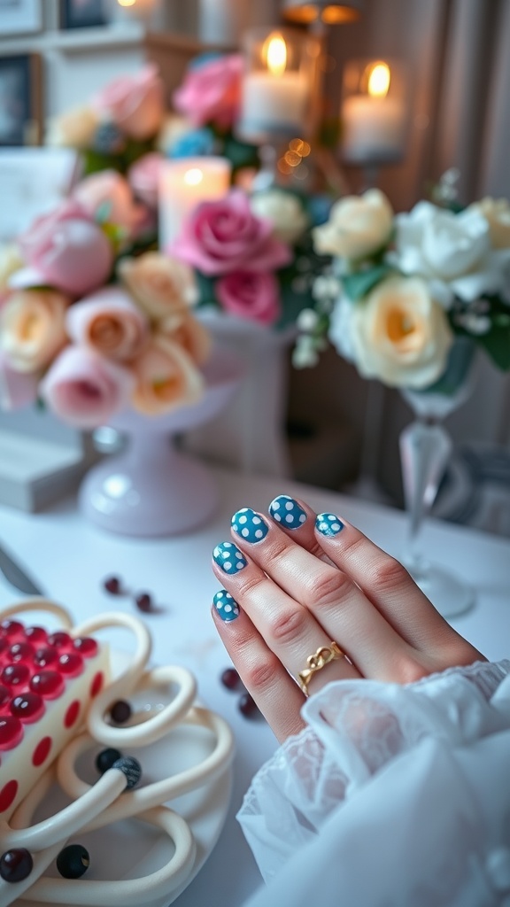A close-up of hands with blue polka dot nails, surrounded by flowers, candles, and a cake, showcasing a festive atmosphere.