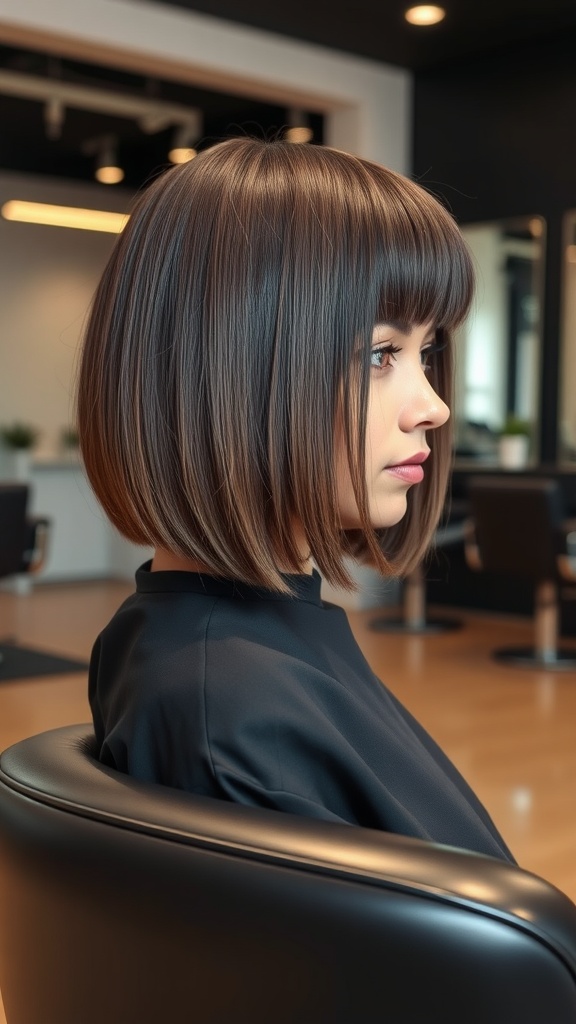 A model with a blunt cut bob hairstyle, featuring straight ends and bangs, sitting in a salon.