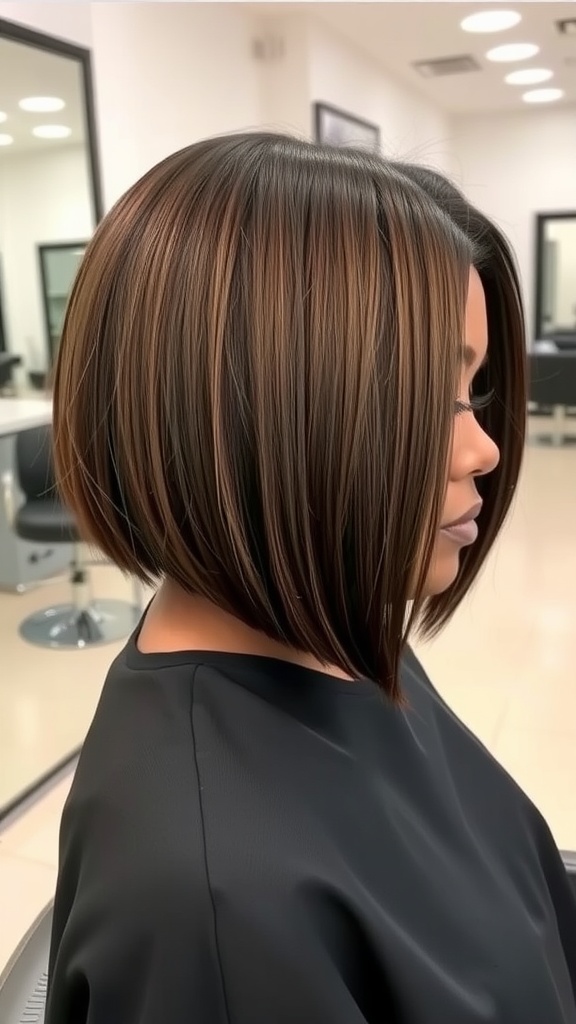 A woman with a blunt cut bob quick weave hairstyle showcasing rich color blending and a sleek, modern look.