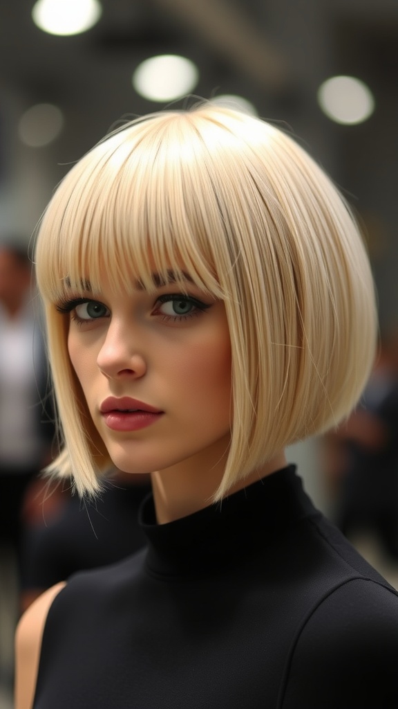 A woman with a blunt cut hairstyle, featuring straight, sleek hair and a fringe.